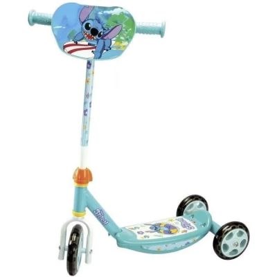 un scooter bleu et blanc avec un personnage de dessin animé à l'avant