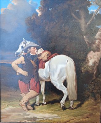 un tableau représentant un homme et un cheval dans un champ