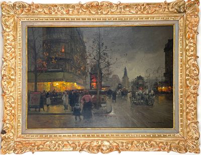 painting of a city street scene with people walking down the street