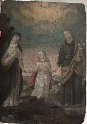 an old painting of a woman holding hands with a man and a woman