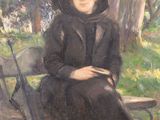 painting of a woman sitting on a bench in a park with an umbrella