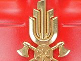 a red fire hydrant with a gold emblem on it