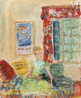 l'image d'un tableau représentant une femme assise sur un canapé