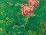 un tableau représentant deux fleurs roses dans un champ vert