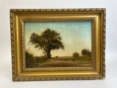 une peinture à l'huile représentant un arbre sur un chemin de terre, dans un cadre doré