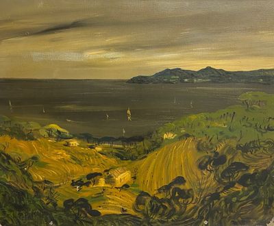 an oil painting of a view of the ocean from a hill