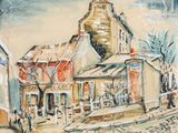 une peinture d'un bâtiment avec une tour d'horloge en arrière-plan