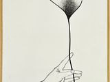 a black and white drawing of a hand holding a flower