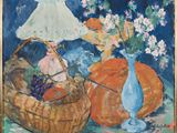 une image représentant un tableau sur lequel figurent une corbeille de fruits et un vase de fleurs