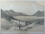an old drawing of a mountain scene with a castle in the distance