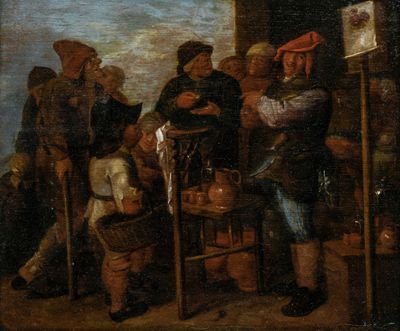 peinture d'un groupe de personnes assises autour d'une table dans une pièce