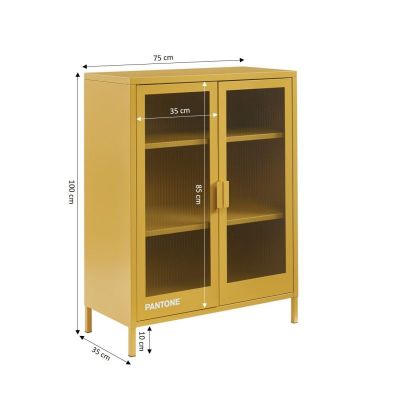 les dimensions d'une armoire en bois avec des portes vitrées et des étagères