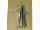 un vieux dessin représentant une femme vêtue d'une cape et d'un manteau