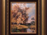 une peinture d'un paysage avec des arbres et une rivière au premier plan