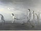 a painting of a group of people walking with a dog