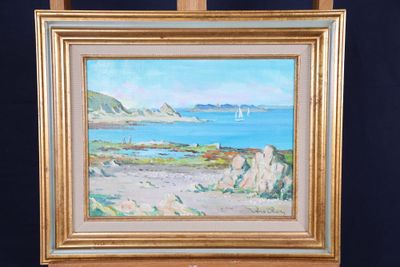 a picture of a painting on a easel with a sailboat in the water