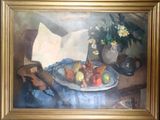 a painting of a bowl of fruit and flowers on a table