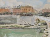 a painting of a bridge over a river with buildings in the background