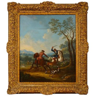une image représentant un tableau où l'on voit deux hommes à cheval dans un paysage boisé