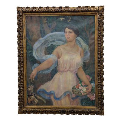 tableau représentant une femme en robe tenant un panier de fleurs