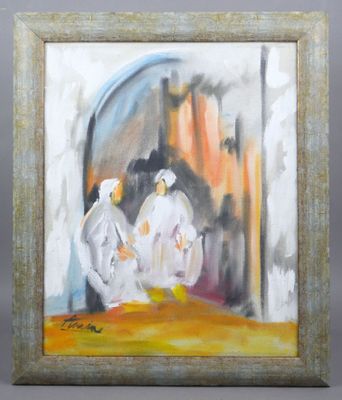une peinture à l'huile représentant deux hommes en costume blanc debout devant un miroir