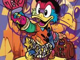 graffiti représentant un canard de dessin animé avec un chapeau et une valise