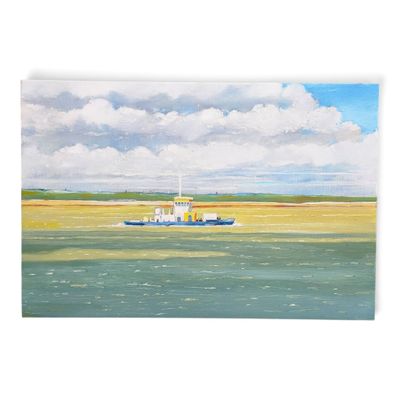 an oil painting of a boat in the middle of a body of water