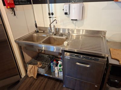 un évier en inox et un lave-vaisselle dans une petite cuisine