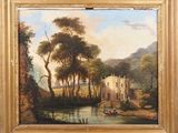 une peinture à l'huile représentant une scène fluviale avec un château en arrière-plan