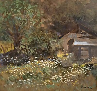 an oil painting of a barn in a field of wildflowers
