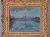 une peinture à l'huile représentant une vue sur une rivière avec une église au loin