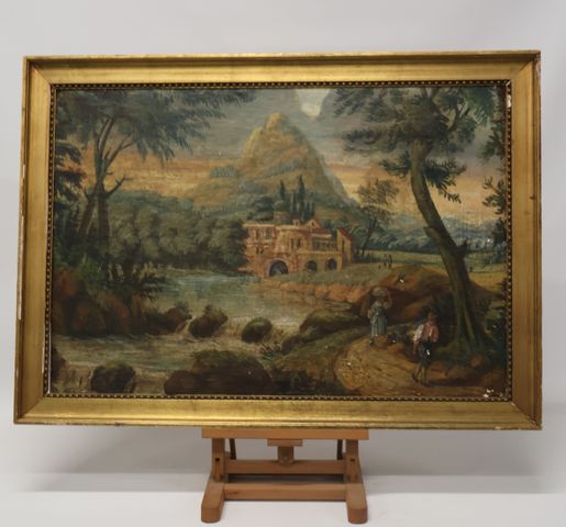 « Paysage animée ». Huile sur toile contrecollé sur panneau. Non ...