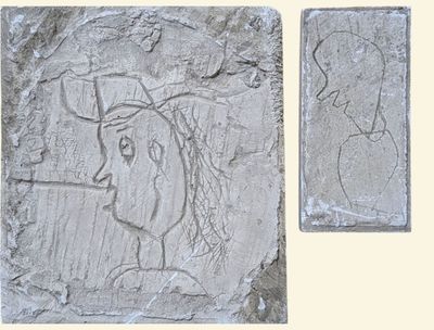 two pictures of a stone with a drawing of a man and a woman on it