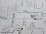 pencil drawing of a group of people sitting at a table in a restaurant