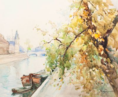 une aquarelle représentant un bateau sur la rivière