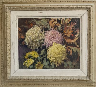 une photo d'un tableau représentant des fleurs, dans un cadre blanc