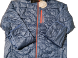 blue jacket with orange trims and hood on a white background