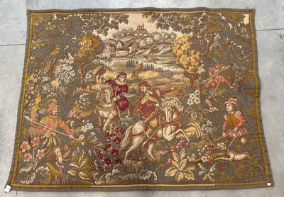 an image of a tapestry with a picture of a man riding a horse