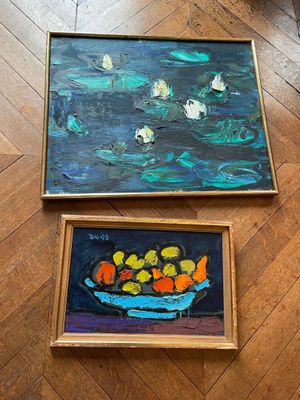 painting of a bowl of fruit on a table next to a painting of a bowl of fruit on a table