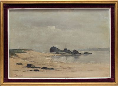 une peinture à l'huile représentant une scène de plage avec un phare au loin