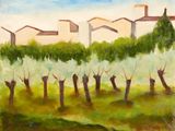 une peinture à l'huile représentant une rangée d'arbres devant un bâtiment
