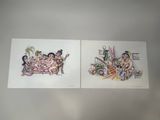 two drawings of a couple of people sitting on a couch