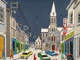 une peinture représentant une rue de la ville avec des voitures et des passants