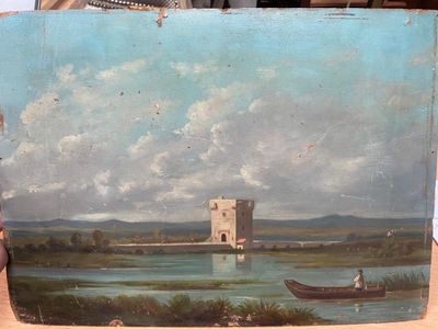 Ecole XIXe barque devant la tour Huile sur carton marque 188…