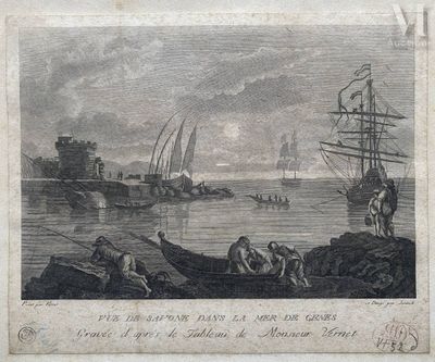 gravure représentant une vue d'un port avec des bateaux et des personnes sur le rivage