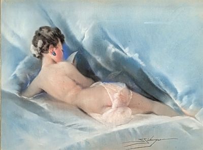 a painting of a naked woman laying on a bed