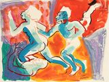 a painting of two people playing with a frisbee