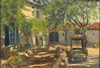 une peinture à l'huile représentant une cour avec un banc au premier plan