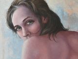 an oil painting of a nude woman sitting on a bed