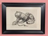 a black and white drawing of a tiger on a pink wall